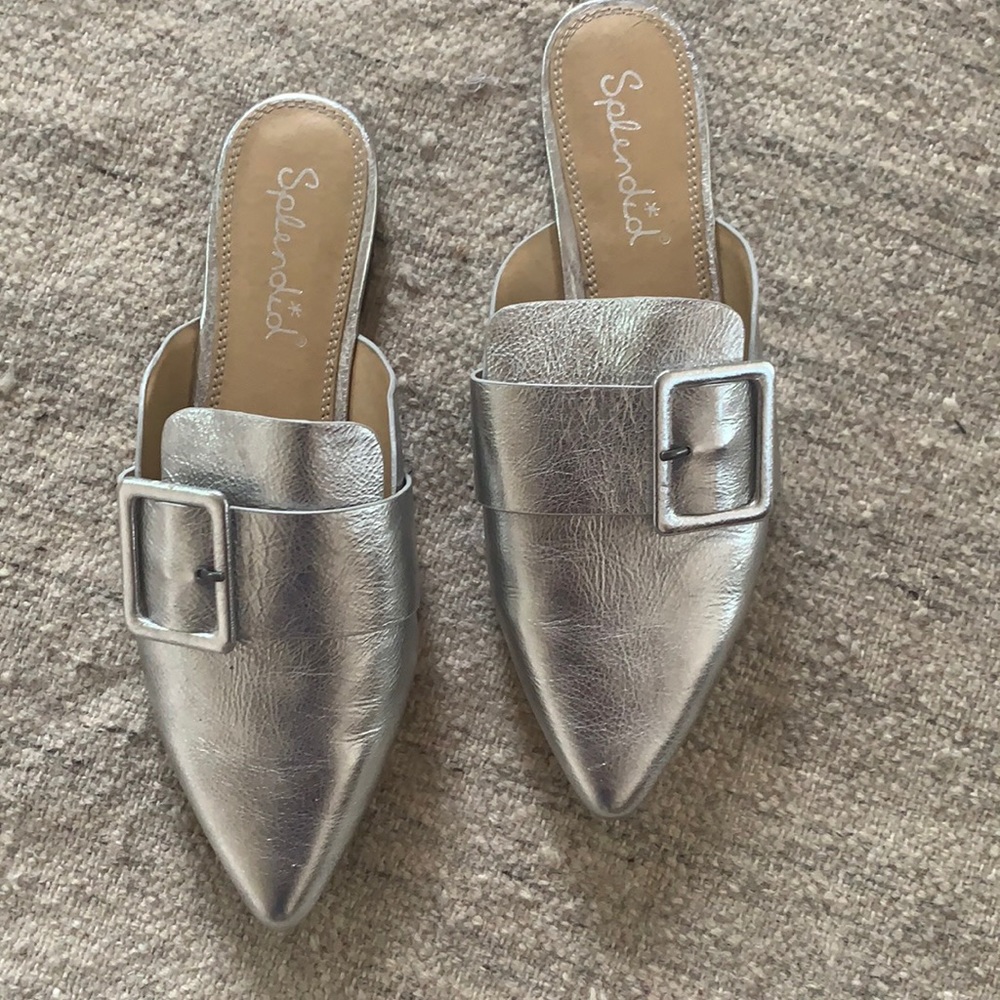 Anthropologie Silver Pointed Buckle Mules